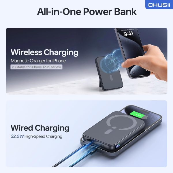 for Magsafe Portable Charger, 12000mAh Wireless Magnetic Power Bank with Stand and USB C in/Out Fast Charging, for Magsafe Battery Pack Compatible with iPhone 15/14/13/12 Pro/Pro Max Series-Black - Image 3
