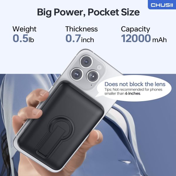 for Magsafe Portable Charger, 12000mAh Wireless Magnetic Power Bank with Stand and USB C in/Out Fast Charging, for Magsafe Battery Pack Compatible with iPhone 15/14/13/12 Pro/Pro Max Series-Black - Image 7